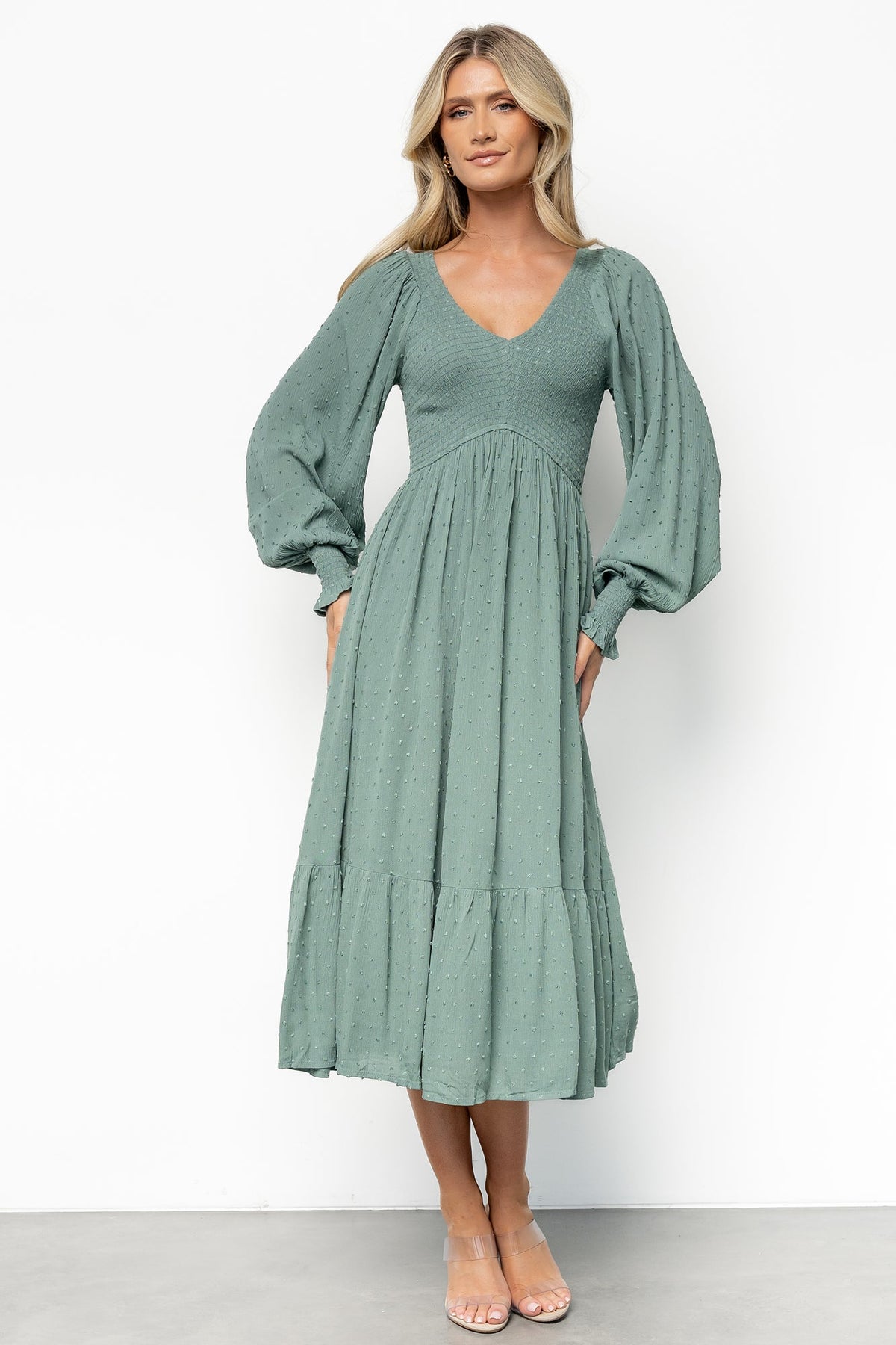 Lainey Smocked Dotted Midi Dress | Baltic Born Dark Sage