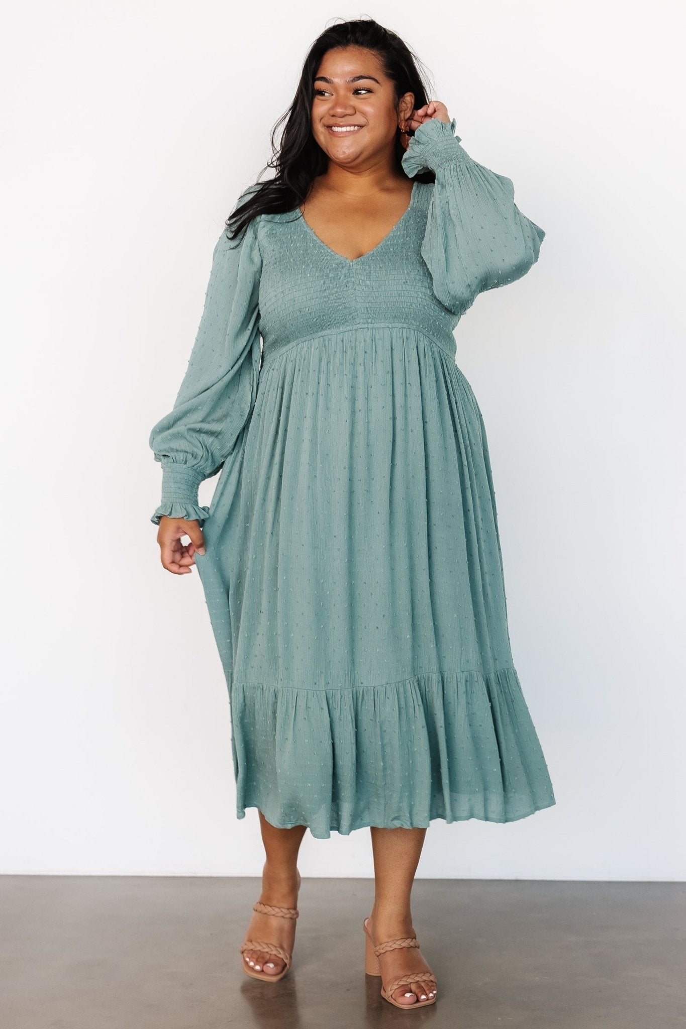 Lainey Smocked Dotted Midi Dress | Baltic Born Dark Sage