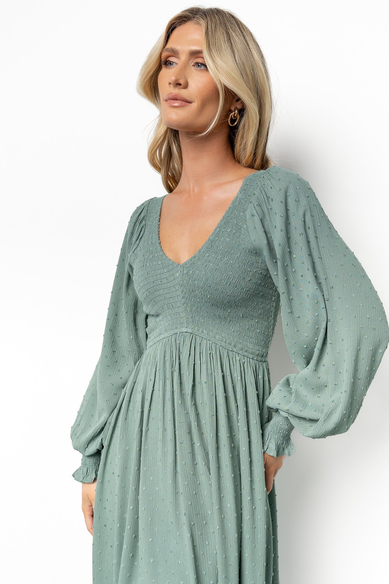 Lainey Smocked Dotted Midi Dress | Baltic Born Dark Sage