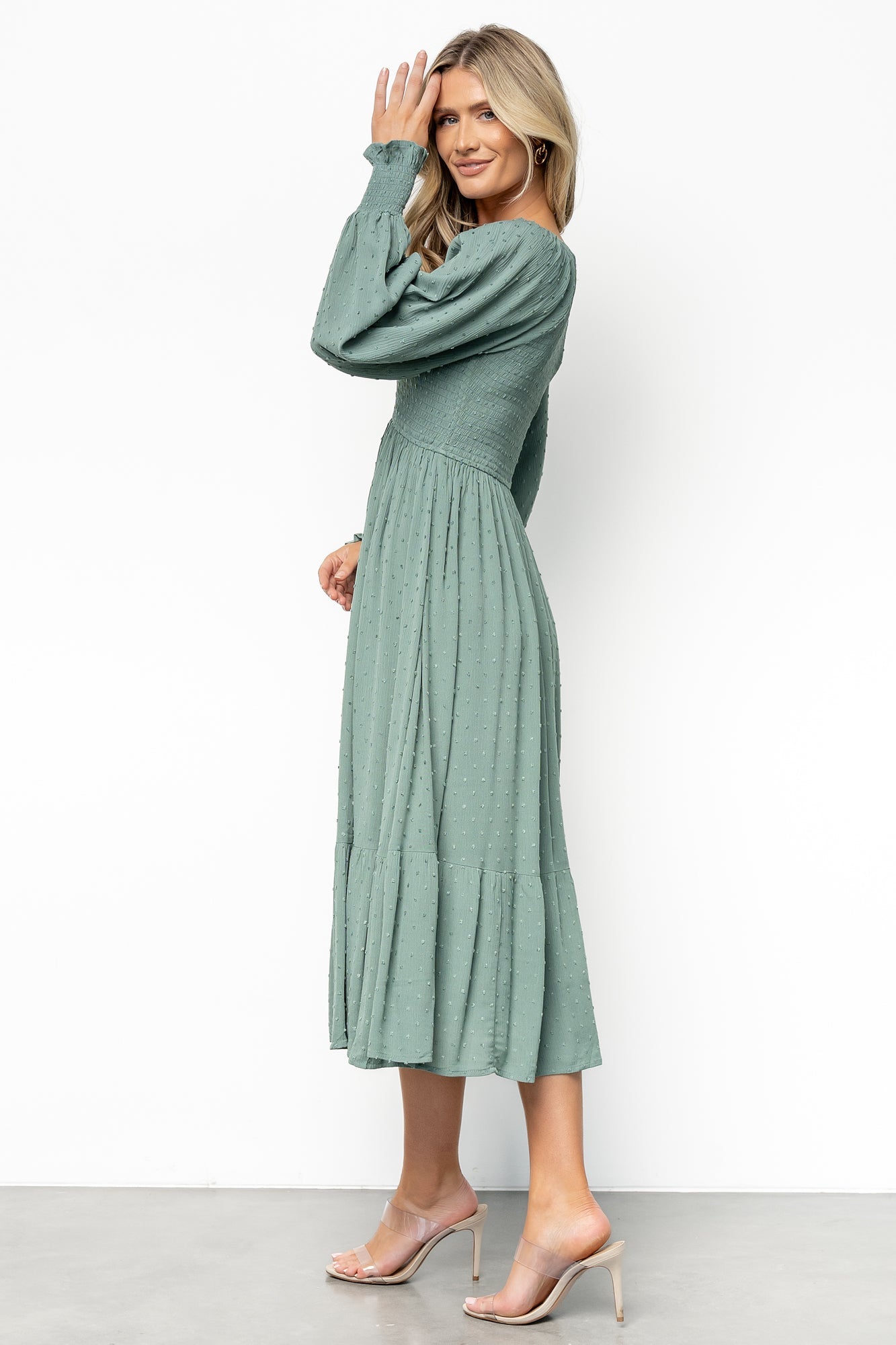 Lainey Smocked Dotted Midi Dress | Baltic Born Dark Sage