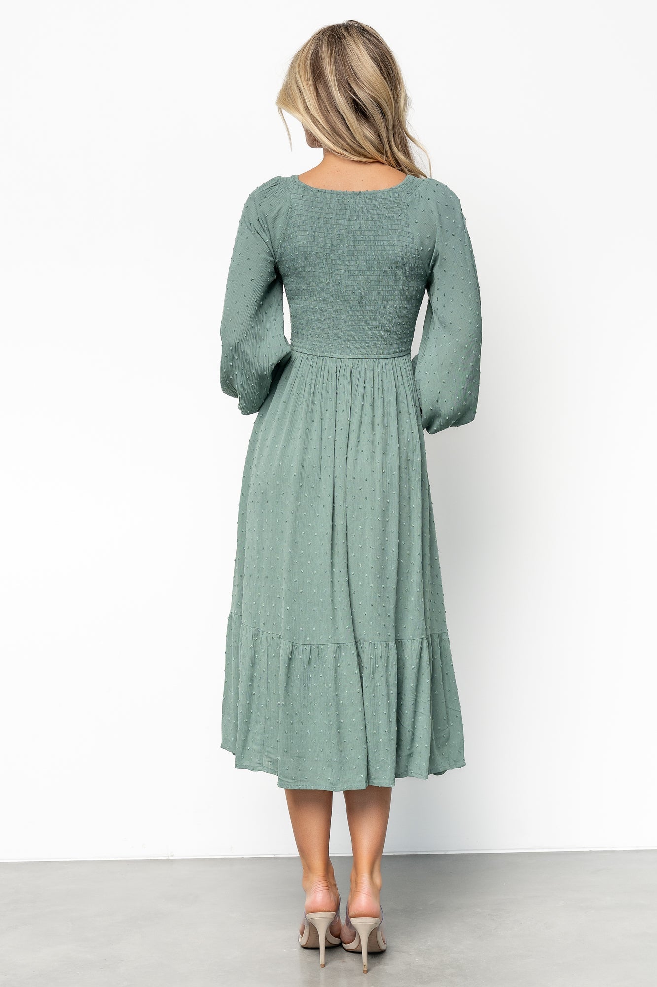 Lainey Smocked Dotted Midi Dress | Baltic Born Dark Sage