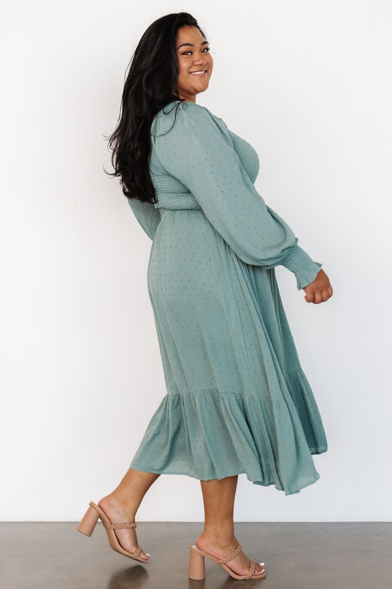 Lainey Smocked Dotted Midi Dress | Baltic Born Dark Sage