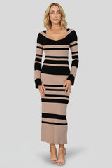 Marika Ribbed Dress | Baltic Born Camel + Black Stripe