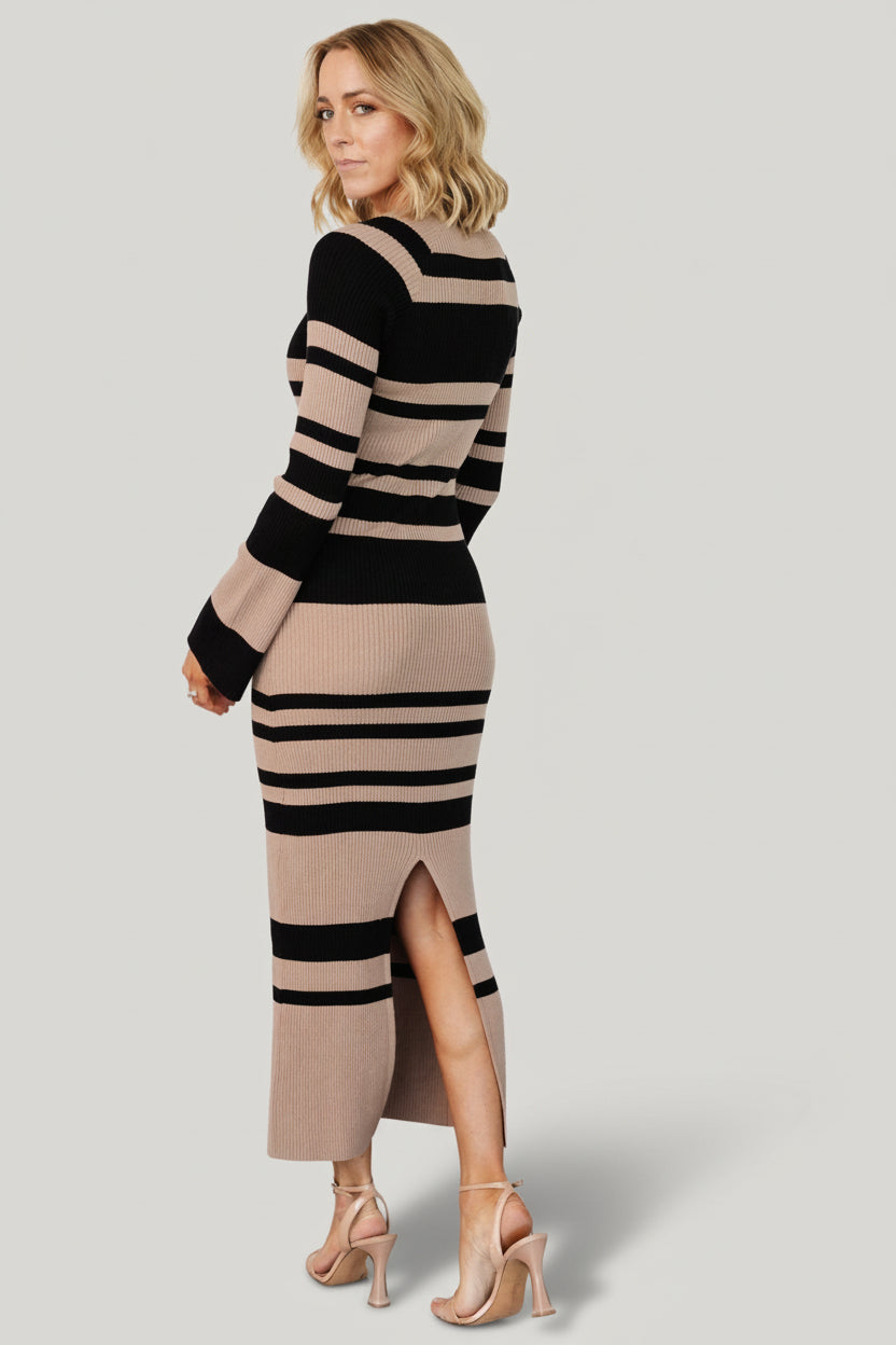 Marika Ribbed Dress | Baltic Born Camel + Black Stripe
