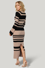 Marika Ribbed Dress | Baltic Born Camel + Black Stripe