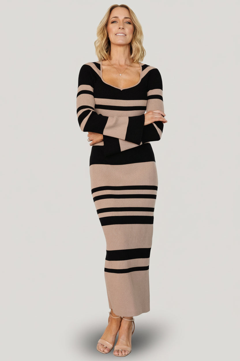 Marika Ribbed Dress | Baltic Born Camel + Black Stripe