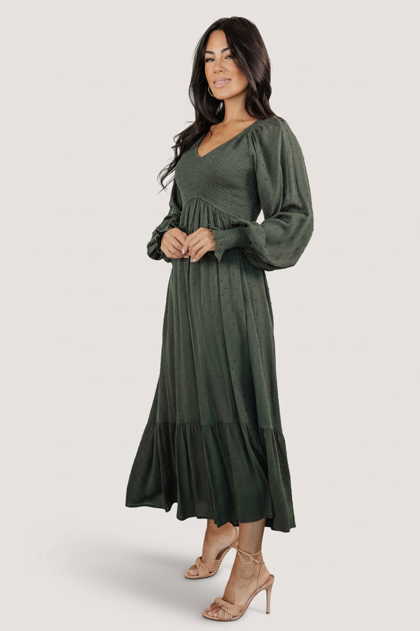 Lainey Smocked Dotted Midi Dress | Baltic Born Deep Olive