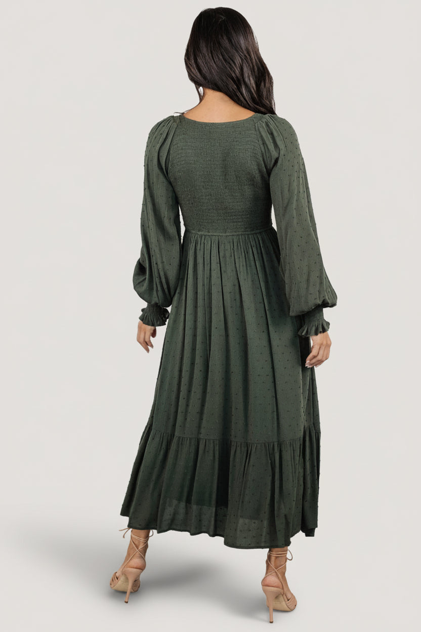 Lainey Smocked Dotted Midi Dress | Baltic Born Deep Olive