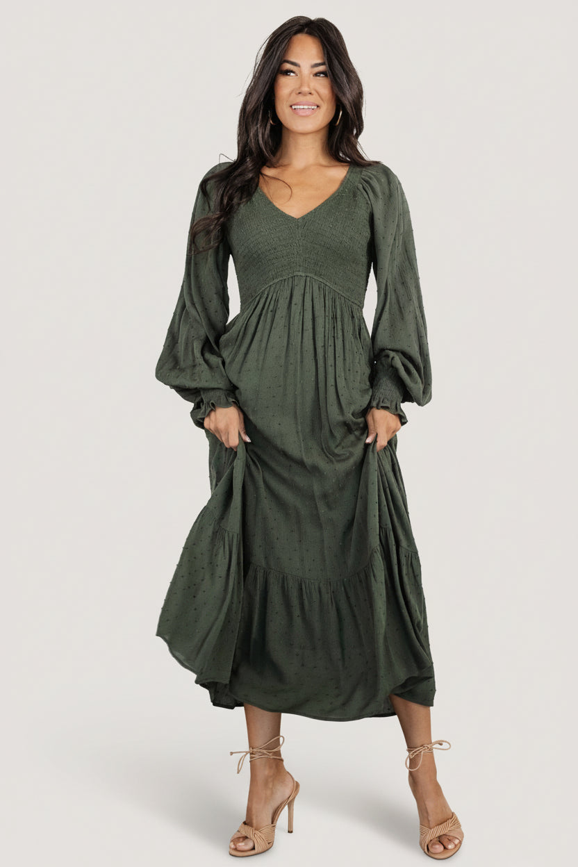 Lainey Smocked Dotted Midi Dress | Baltic Born Deep Olive