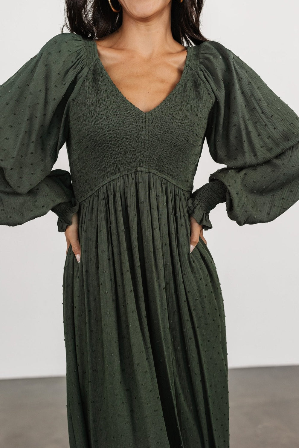 Lainey Smocked Dotted Midi Dress | Baltic Born Deep Olive