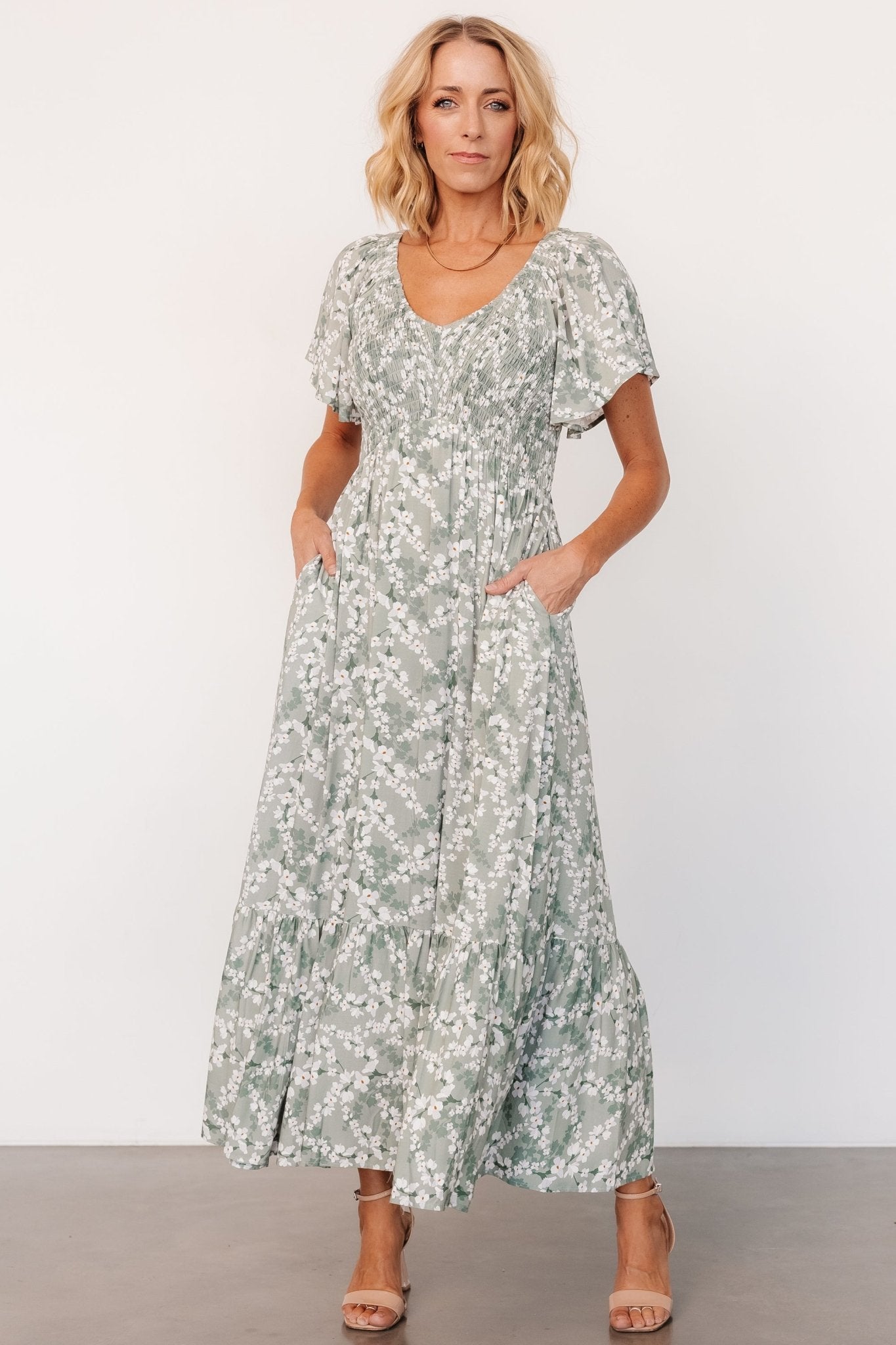 Joanie Smocked Dress | Baltic Born Sage + Off White Floral