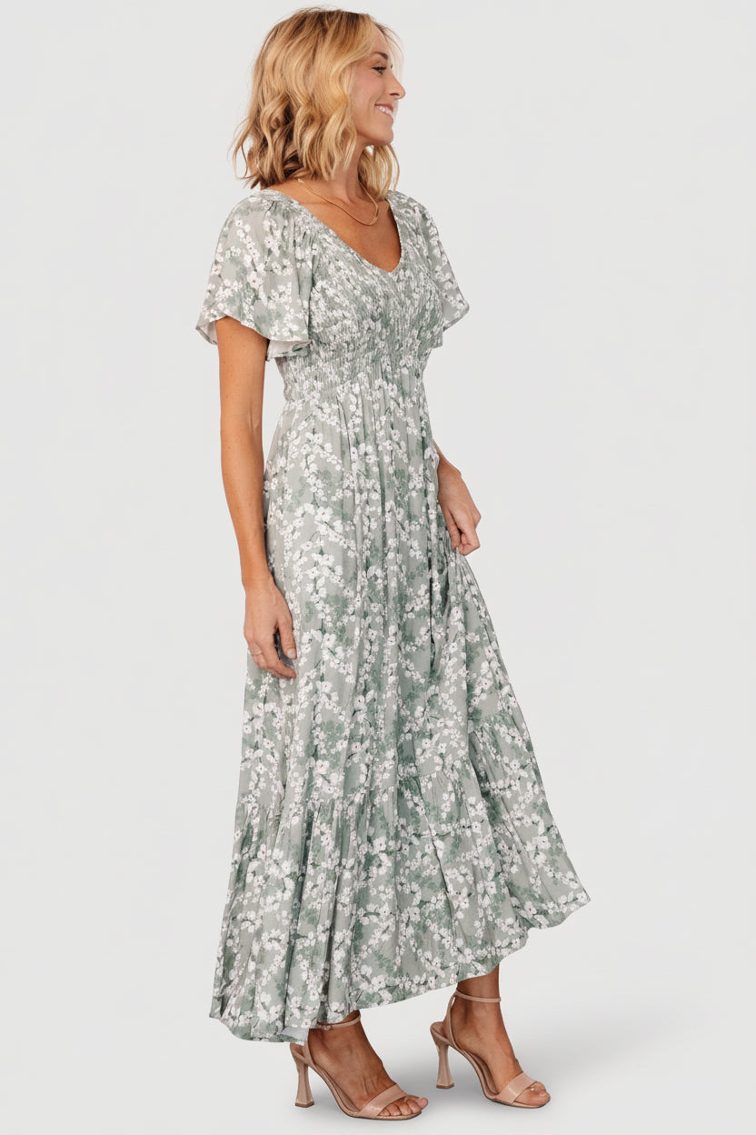 Joanie Smocked Dress | Baltic Born Sage + Off White Floral