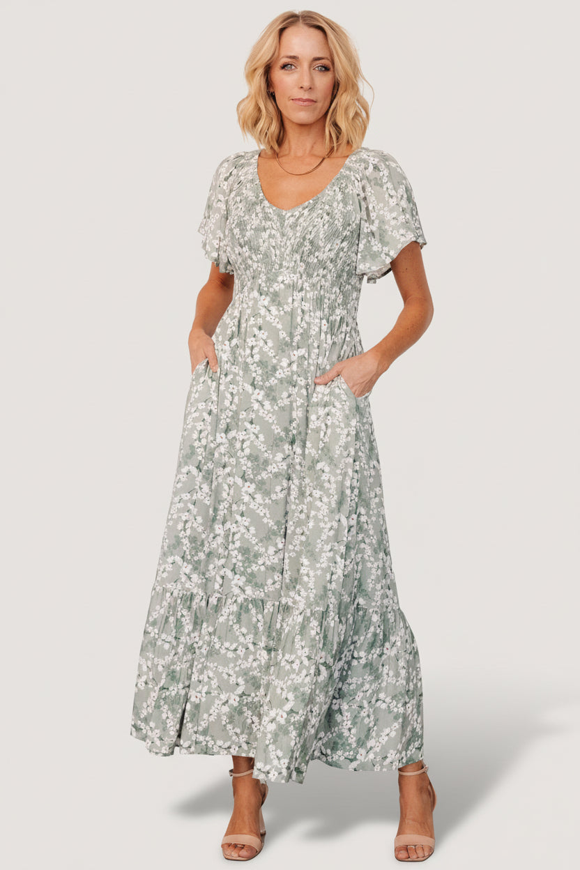 Joanie Smocked Dress | Baltic Born Sage + Off White Floral