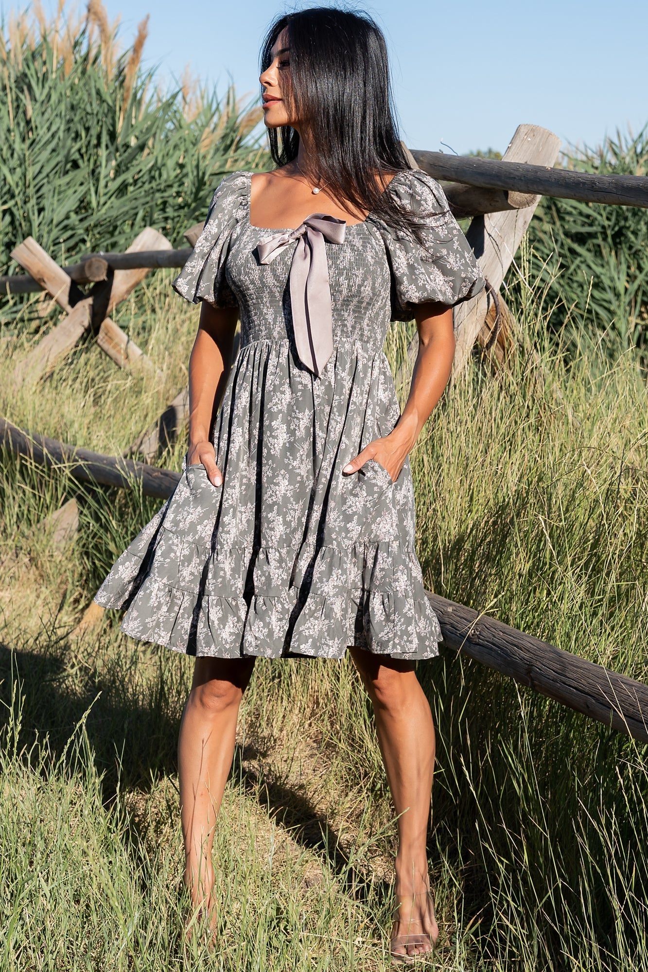 Anastasia Bow Short Dress | Baltic Born Dusty Olive Print
