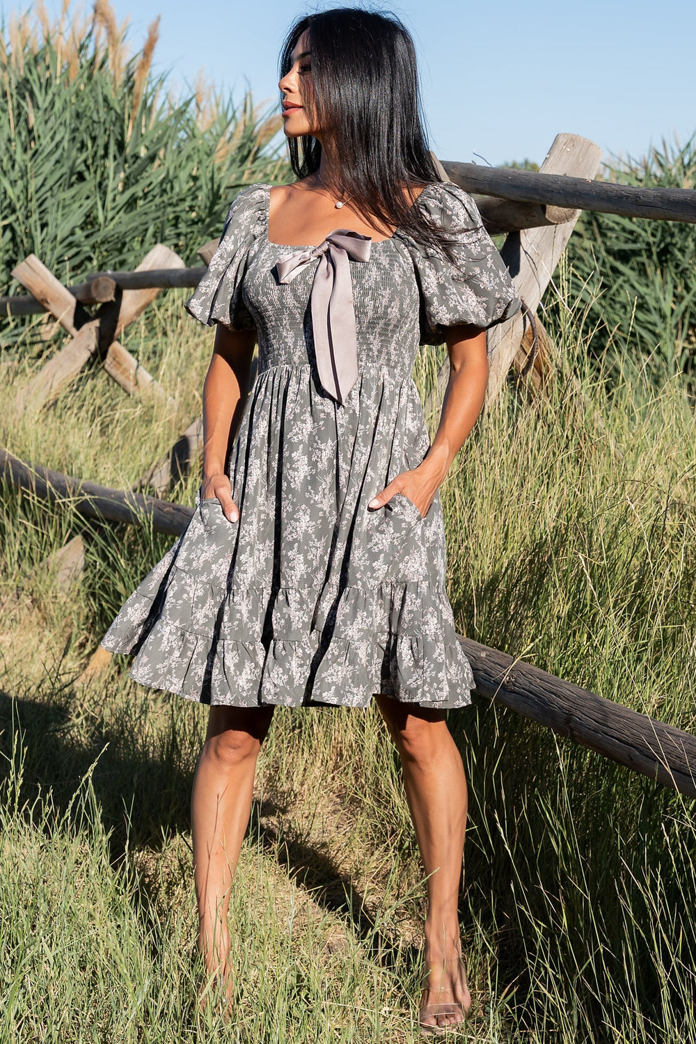 Anastasia Bow Short Dress | Baltic Born Dusty Olive Print