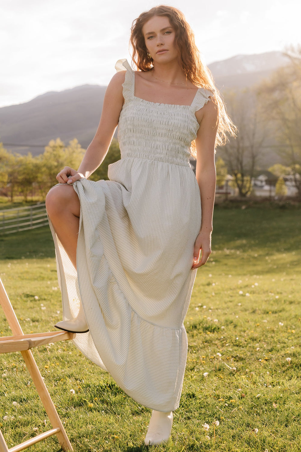 Jenny Smocked Maxi Dress | Baltic Born Sage + White