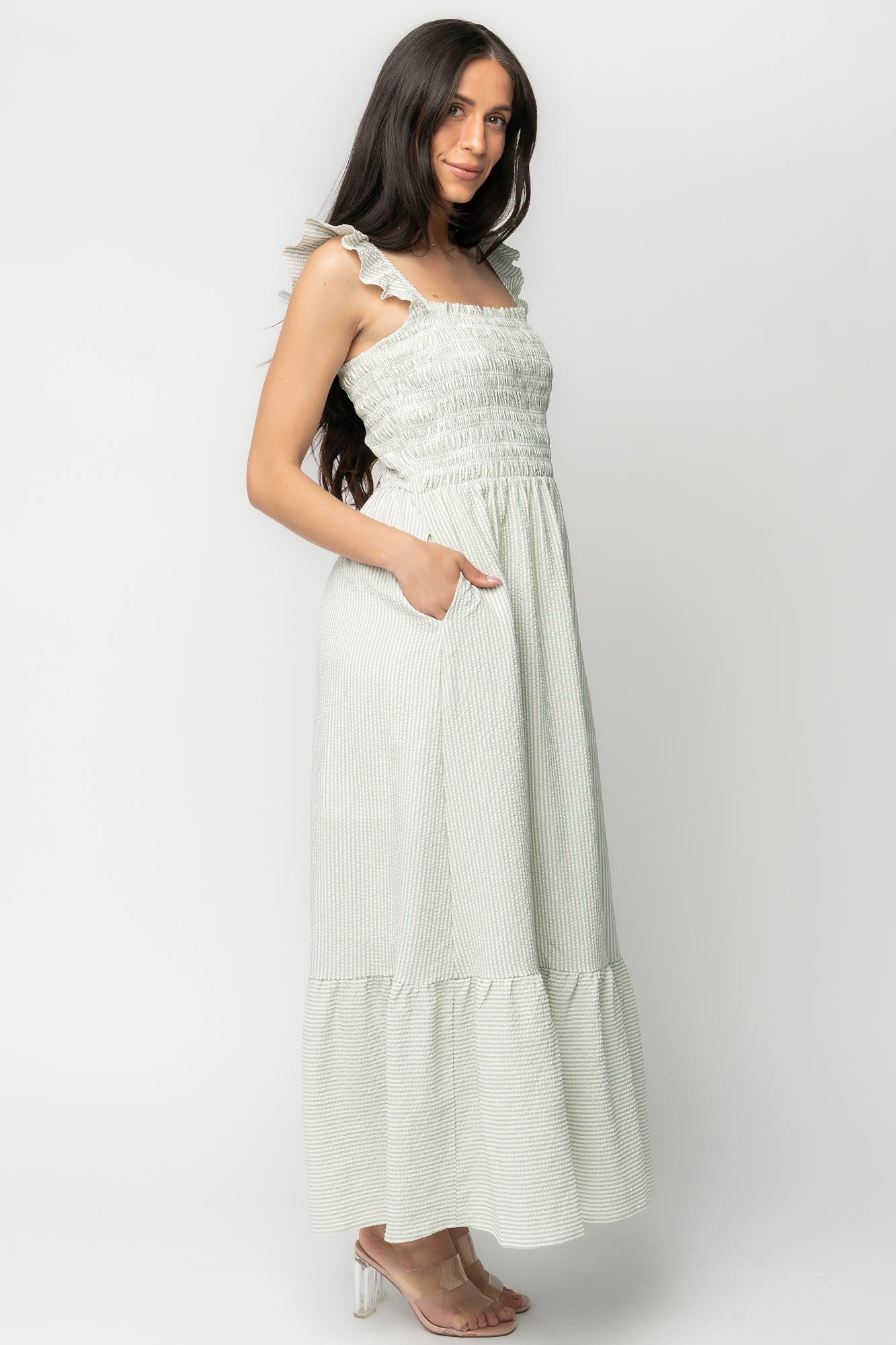 Jenny Smocked Maxi Dress | Baltic Born Sage + White