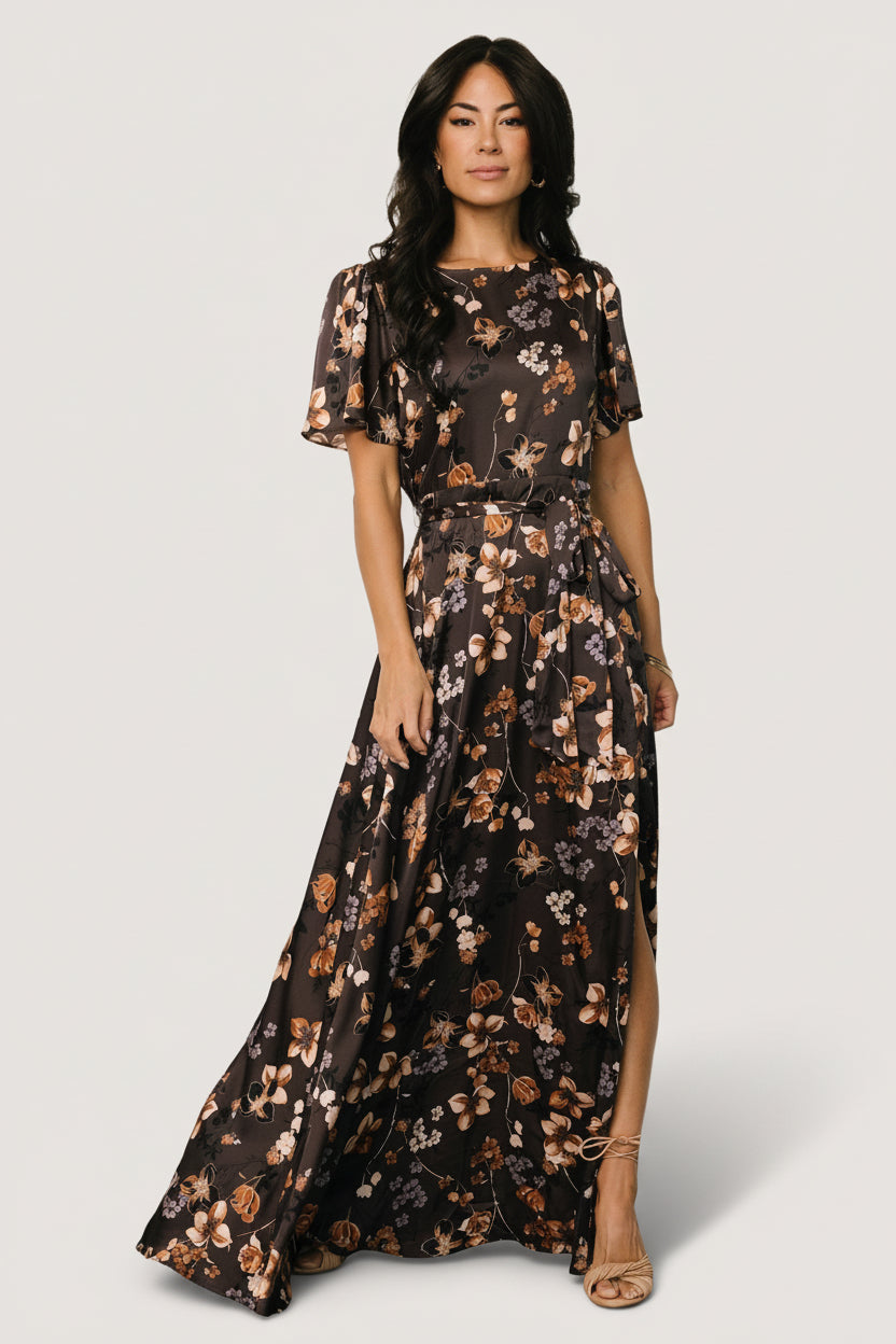 Agnes Satin Maxi Dress | Baltic Born Brown Floral