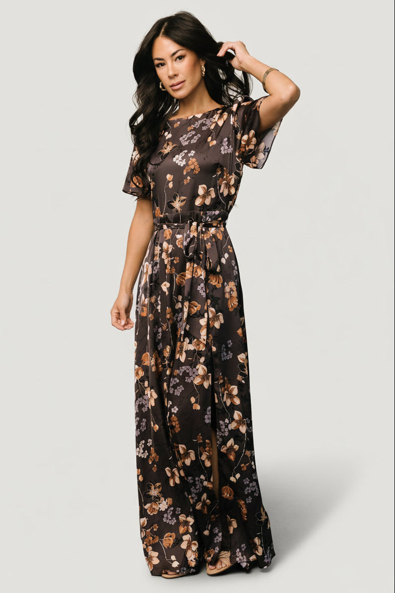 Agnes Satin Maxi Dress | Baltic Born Brown Floral
