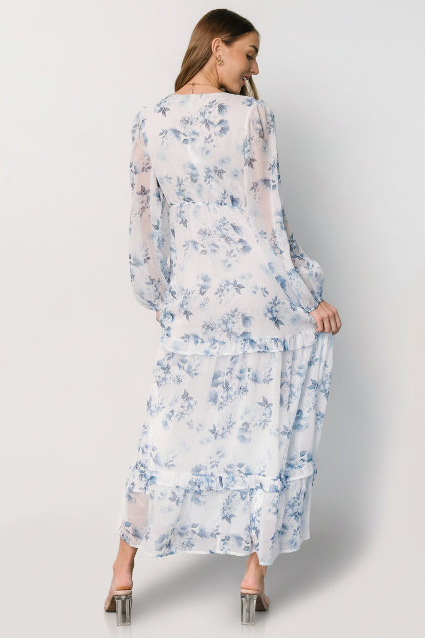 Rumi Deep V Maxi Dress | Baltic Born Off White + Blue Floral