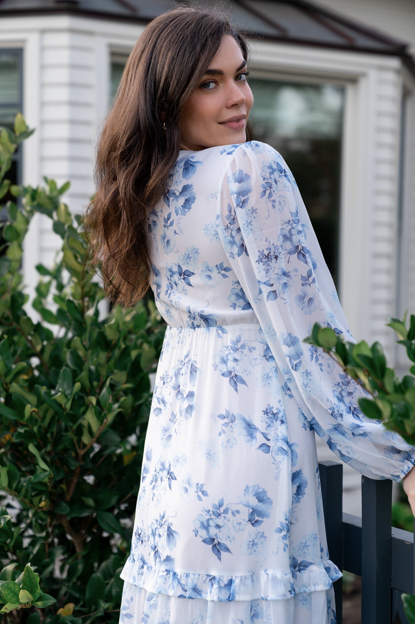 Rumi Deep V Maxi Dress | Baltic Born Off White + Blue Floral