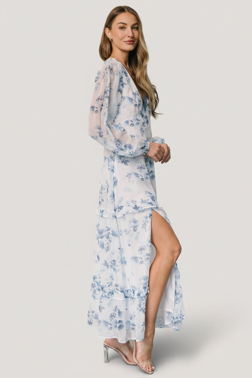 Rumi Deep V Maxi Dress | Baltic Born Off White + Blue Floral