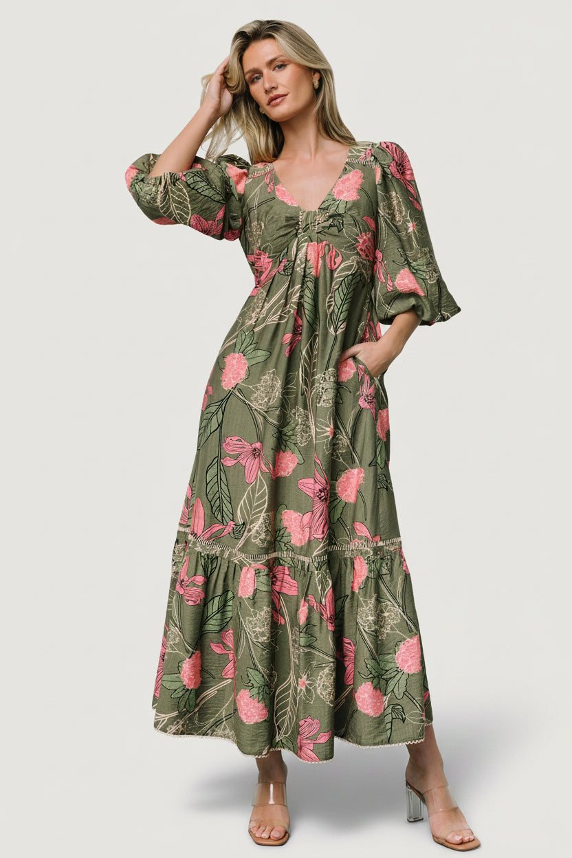 Lonna Dress | Baltic Born Olive + Fuschia Floral