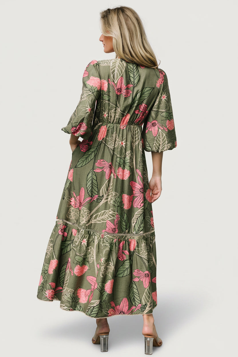 Lonna Dress | Baltic Born Olive + Fuschia Floral