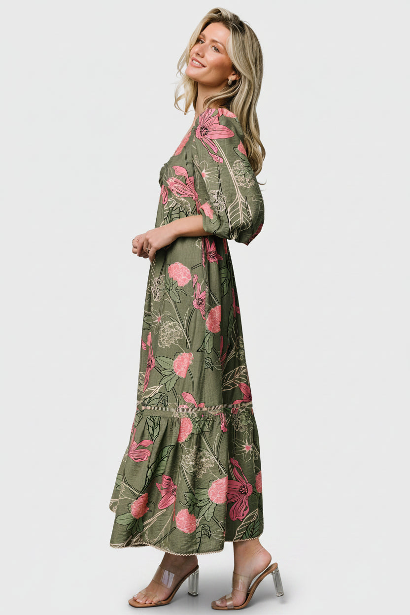 Lonna Dress | Baltic Born Olive + Fuschia Floral