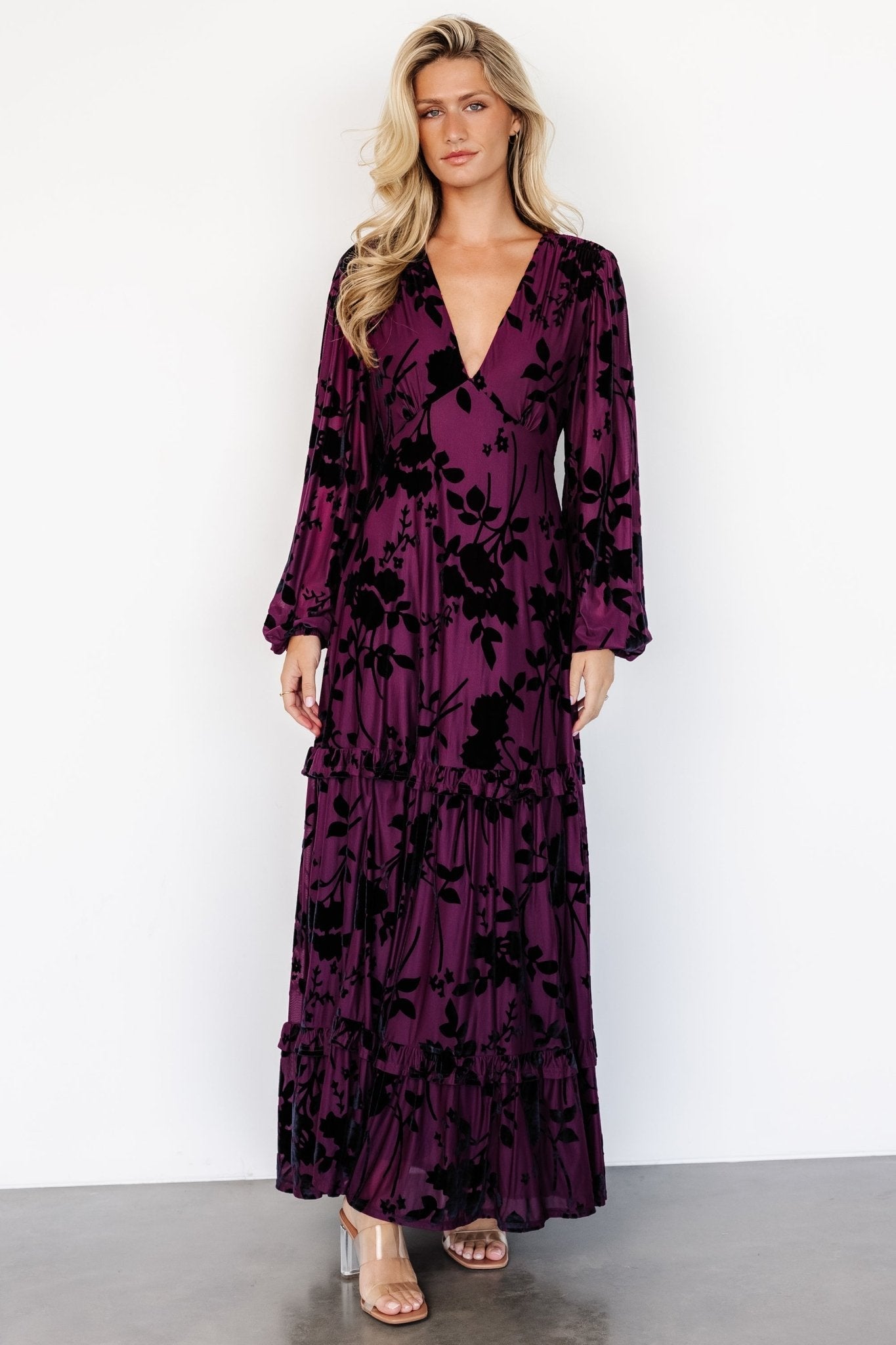 Liana Velvet Embossed Maxi Dress | Baltic Born Mulberry