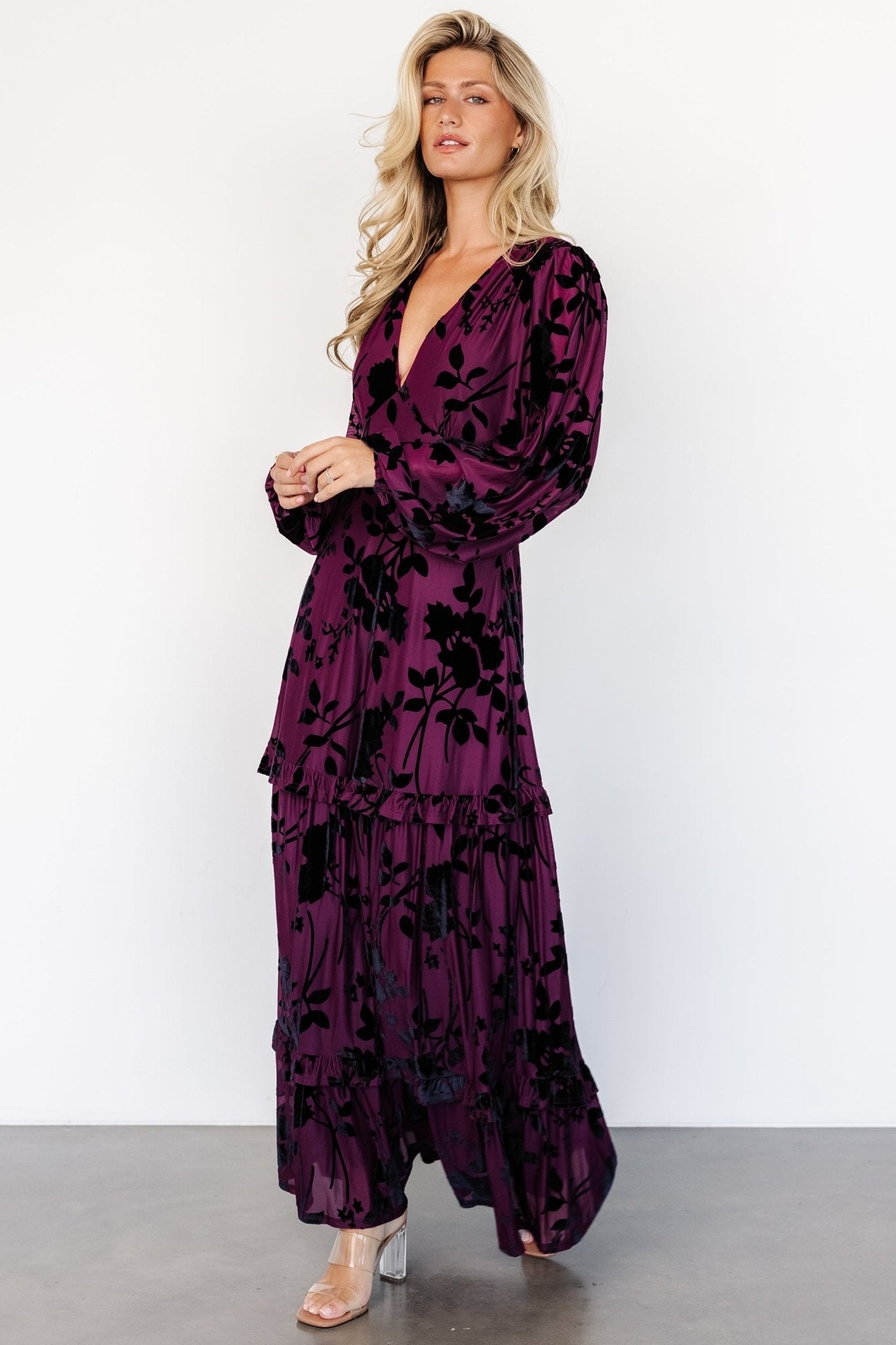 Liana Velvet Embossed Maxi Dress | Baltic Born Mulberry