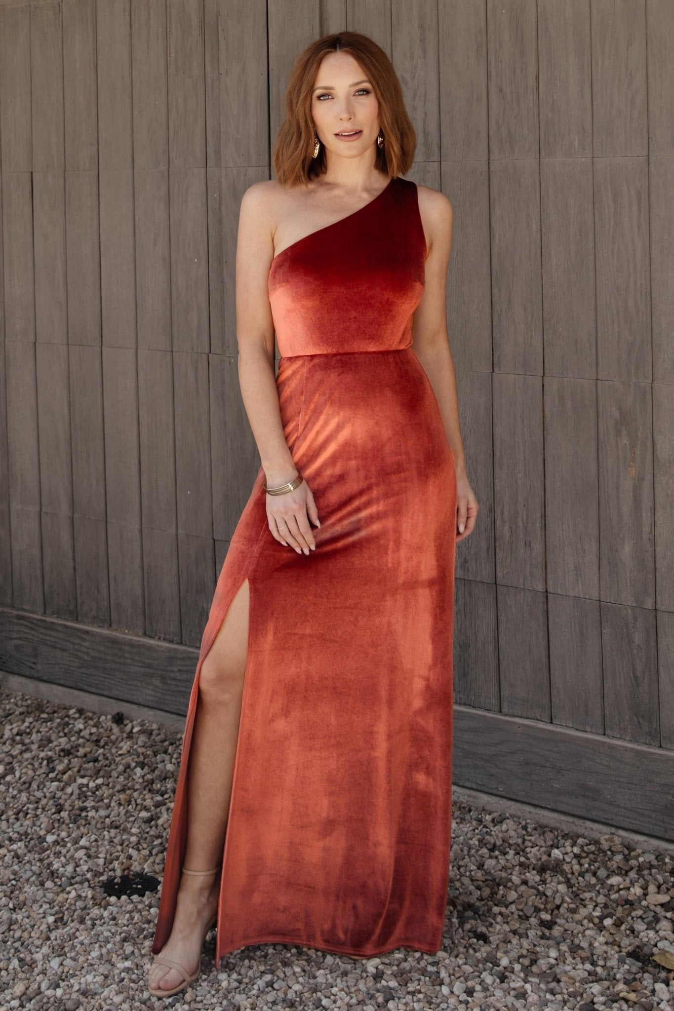 Tatiana Velvet One Shoulder Maxi Dress | Baltic Born Cinnamon