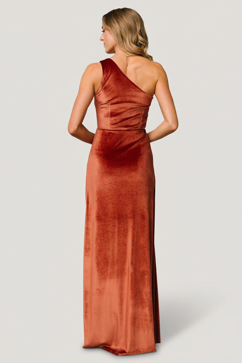 Tatiana Velvet One Shoulder Maxi Dress | Baltic Born Cinnamon