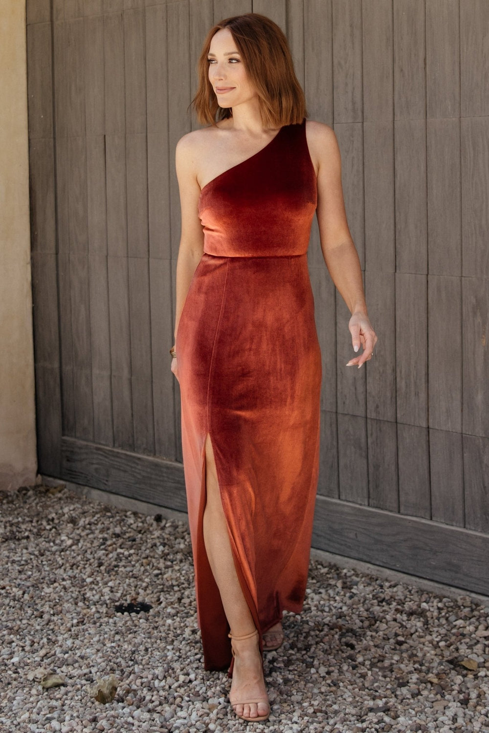 Tatiana Velvet One Shoulder Maxi Dress | Baltic Born Cinnamon