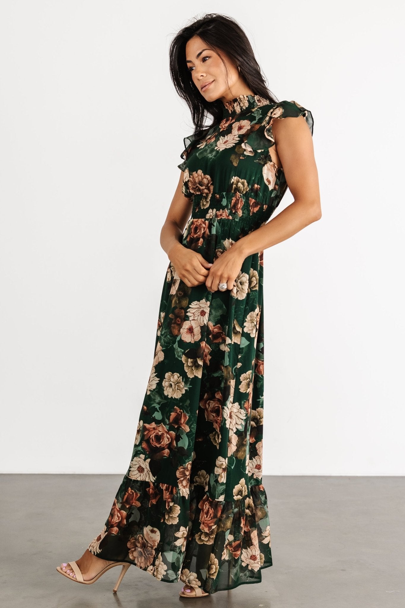 Kearny Ruffle Maxi Dress | Baltic Born Dark Green Floral