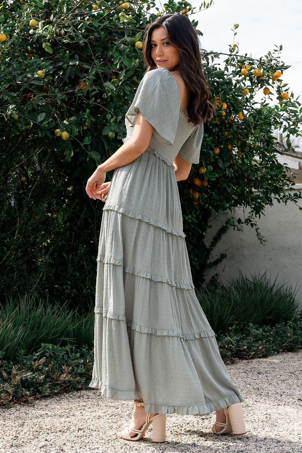 Lenora Smocked Dotted Maxi Dress | Baltic Born Sage