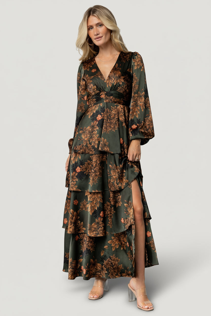 Montrouge Tiered Satin Dress | Baltic Born Olive Floral