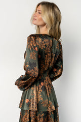 Montrouge Tiered Satin Dress | Baltic Born Olive Floral