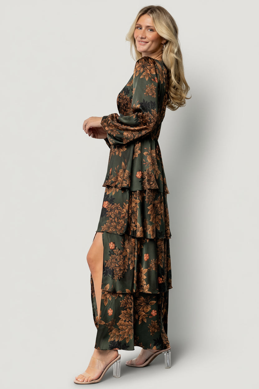Montrouge Tiered Satin Dress | Baltic Born Olive Floral