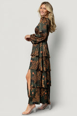 Montrouge Tiered Satin Dress | Baltic Born Olive Floral
