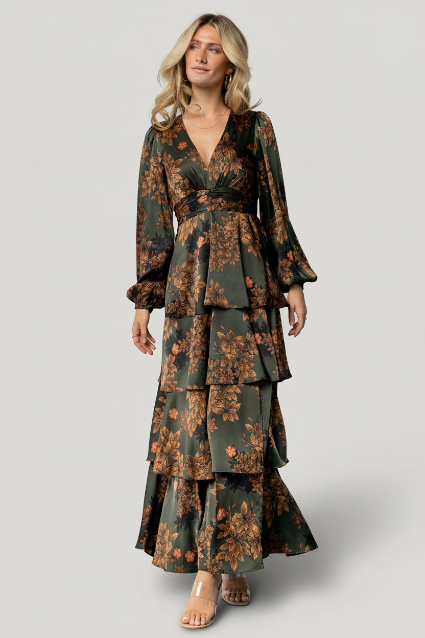 Montrouge Tiered Satin Dress | Baltic Born Olive Floral