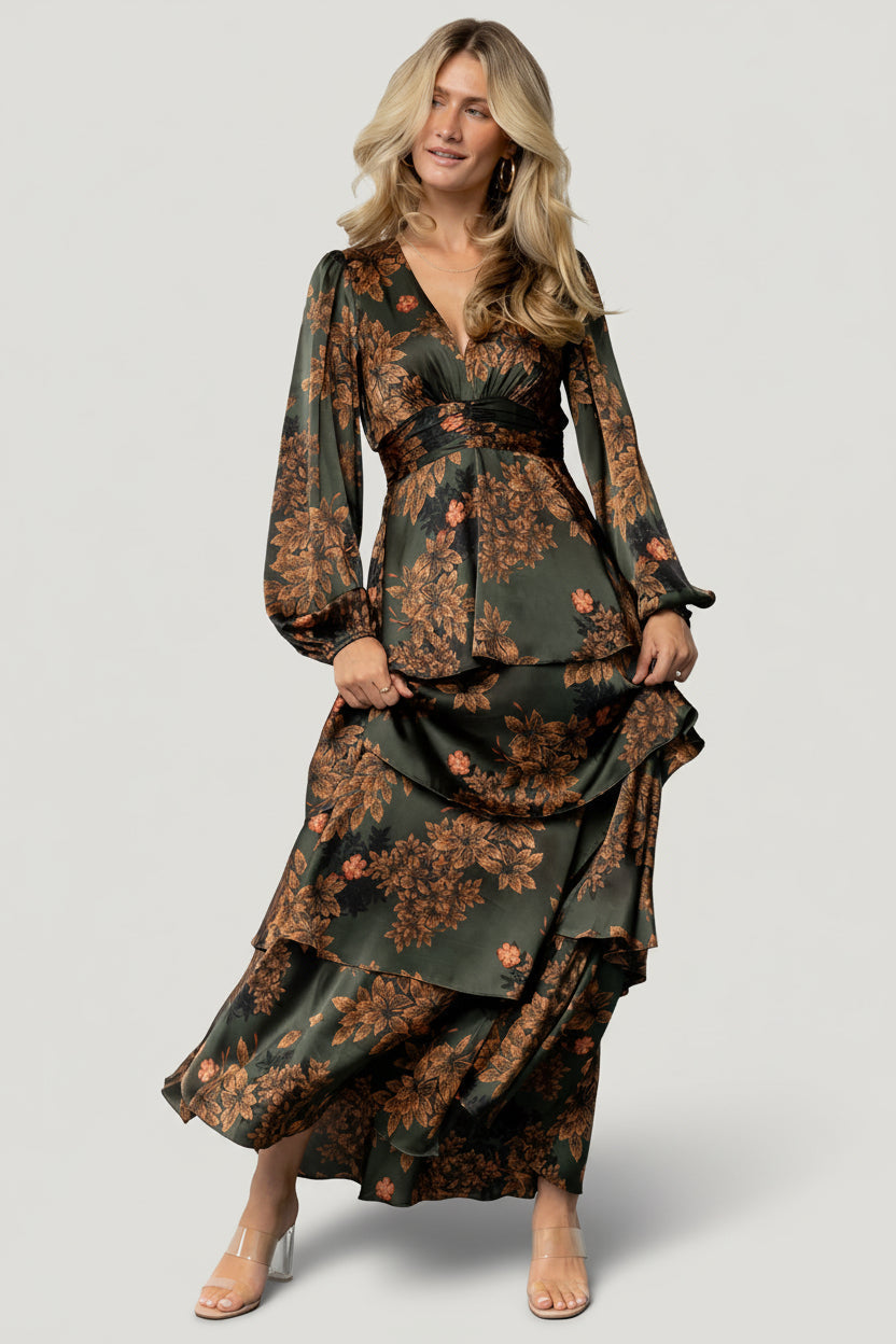 Montrouge Tiered Satin Dress | Baltic Born Olive Floral