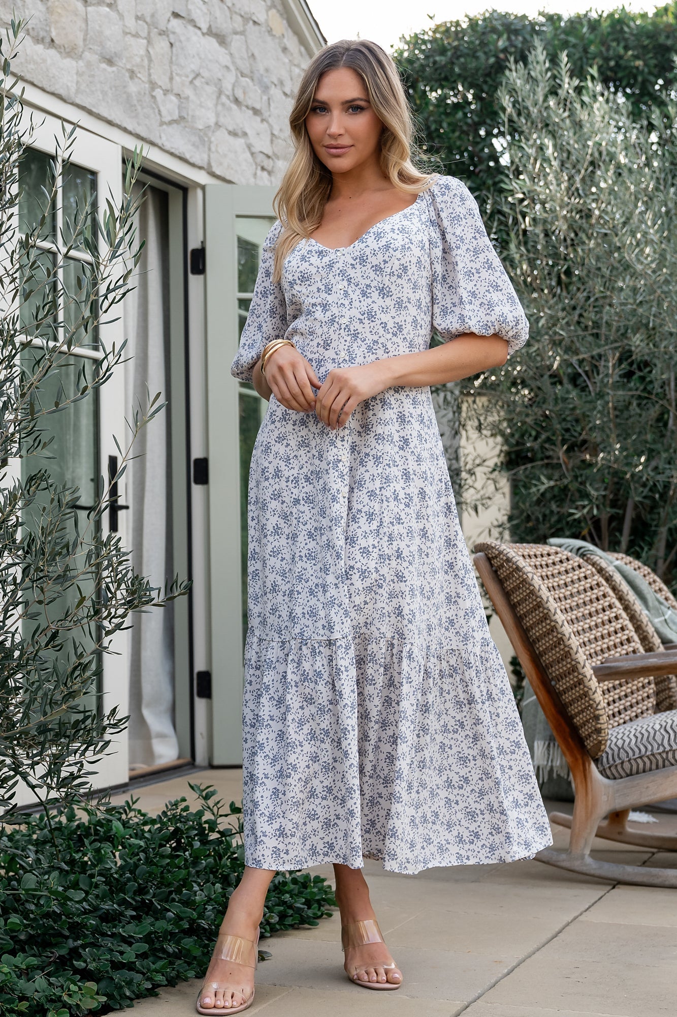 Elisabeth Button Dress | Baltic Born Off White + Blue Floral