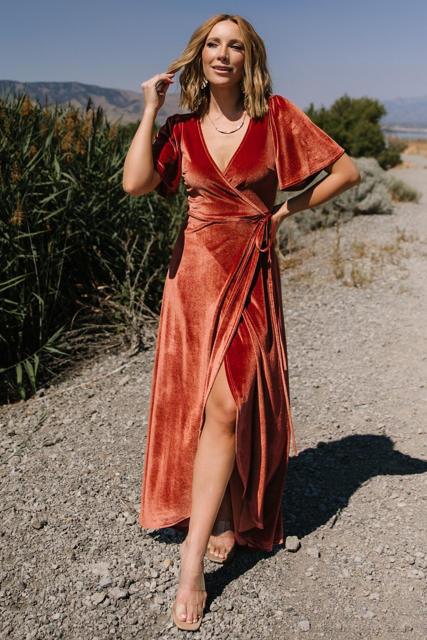 Katelyn Velvet Maxi Wrap Dress | Baltic Born Cinnamon