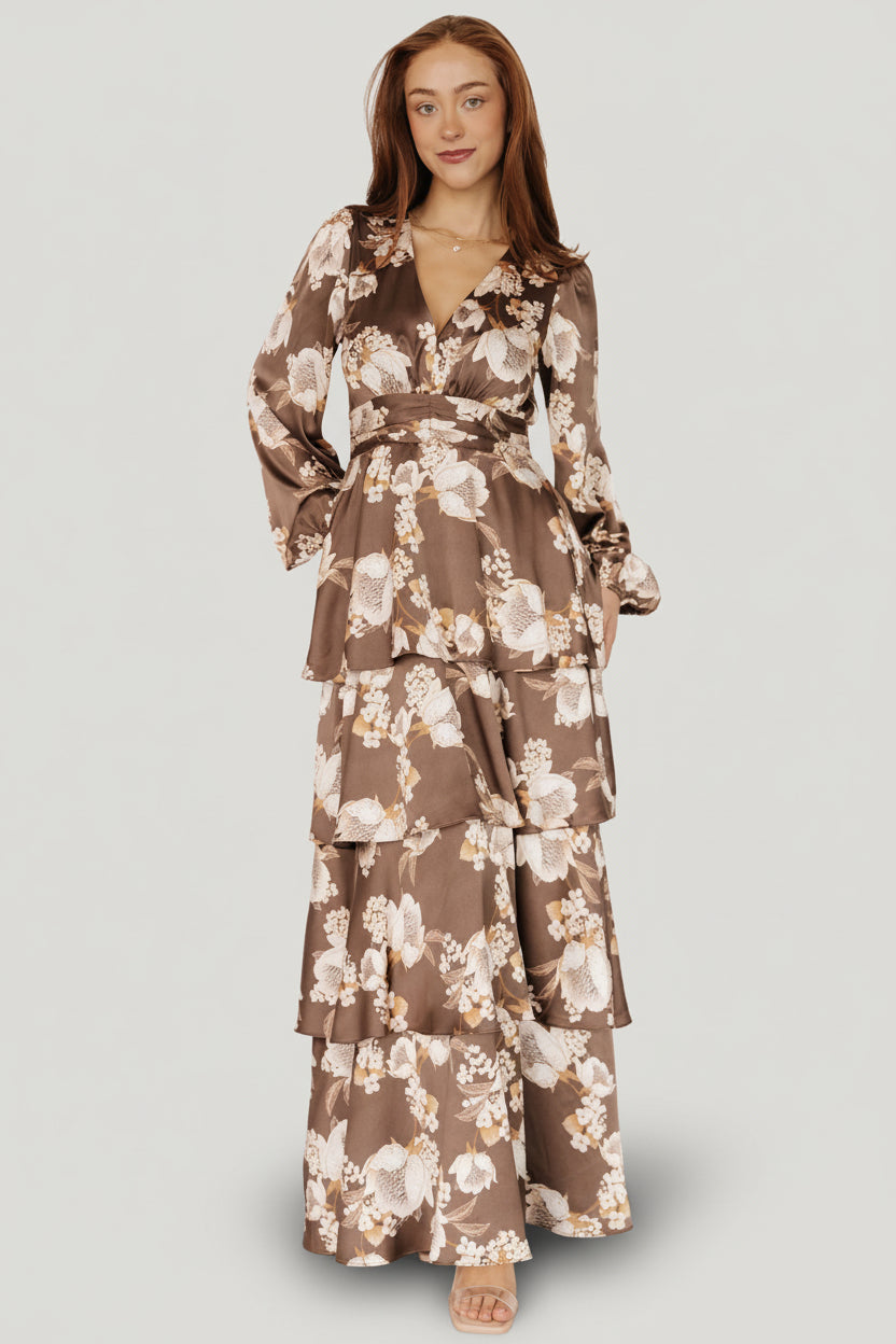 Montrouge Tiered Satin Dress | Baltic Born Mocha Floral