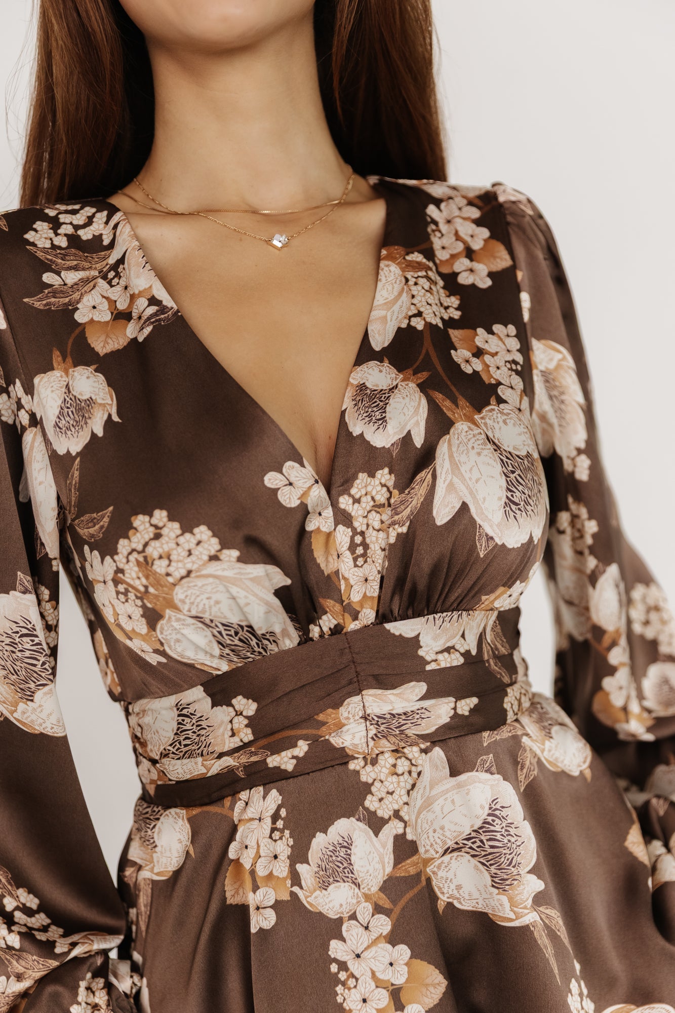 Montrouge Tiered Satin Dress | Baltic Born Mocha Floral