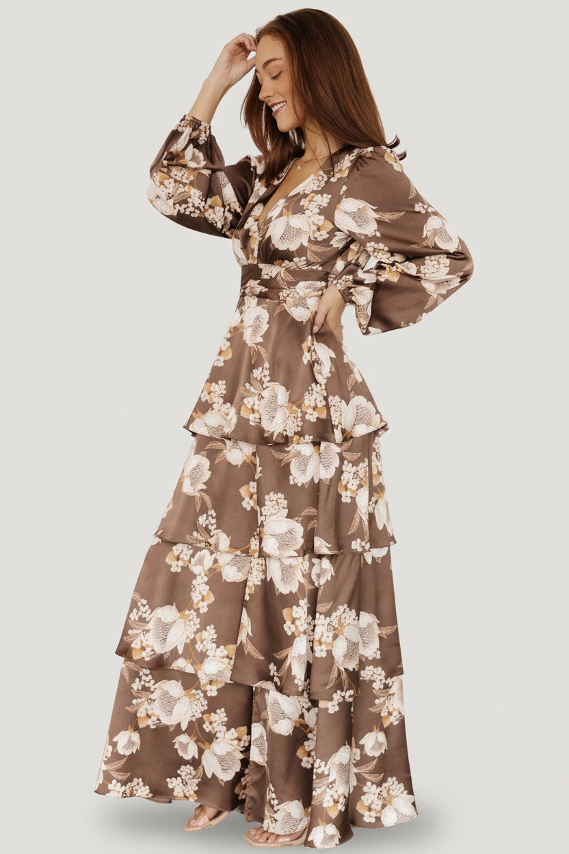 Montrouge Tiered Satin Dress | Baltic Born Mocha Floral