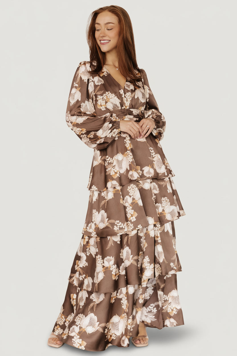 Montrouge Tiered Satin Dress | Baltic Born Mocha Floral