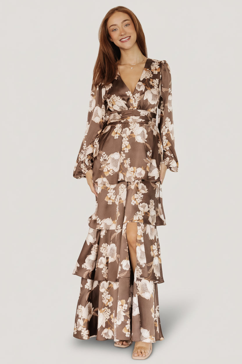 Montrouge Tiered Satin Dress | Baltic Born Mocha Floral