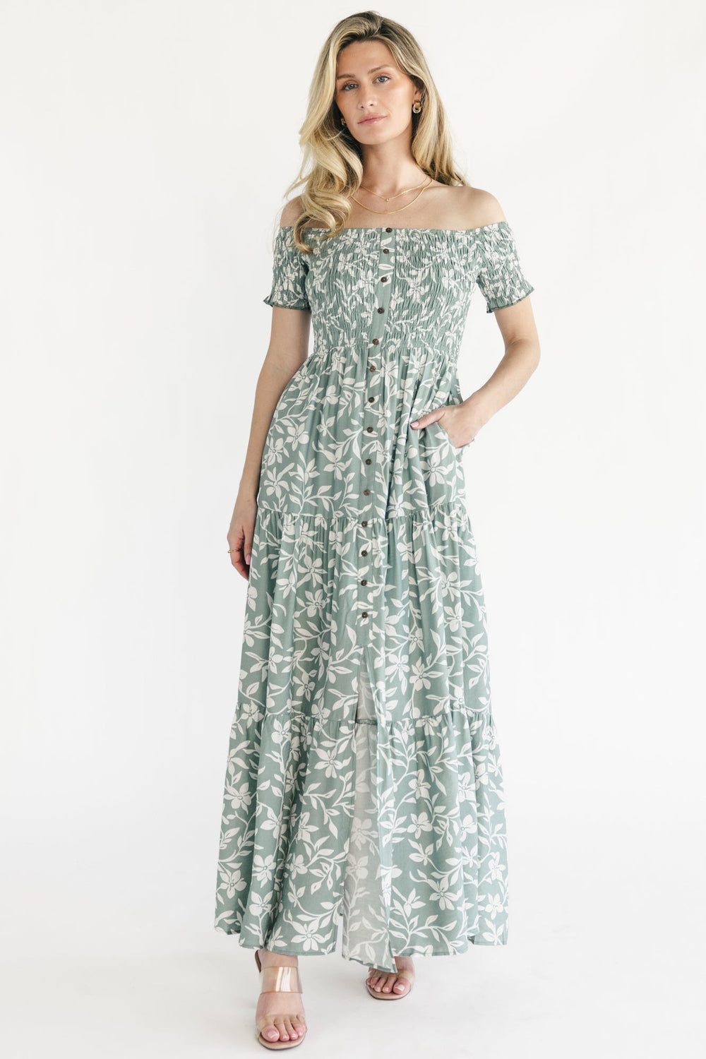 Payton Off Shoulder Maxi Dress | Baltic Born Dusty Sage